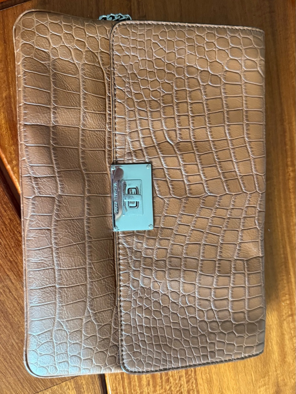 Michael Kors Brown Croc Embossed Chain Shoulder Clutch